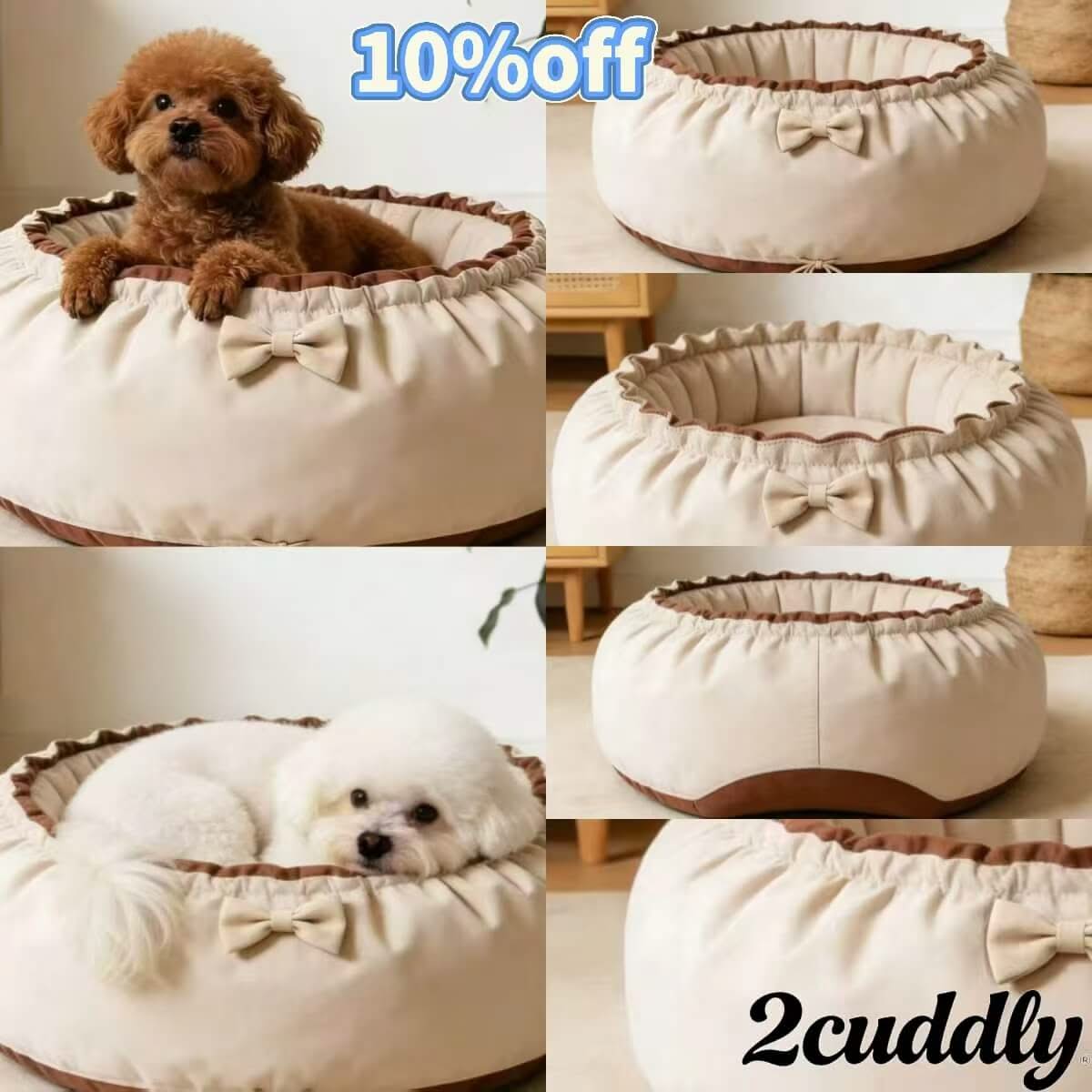 Adjustable Cozy Pet Bed for Dogs - Beige-Brown, Round, Ruffled Trim, Drawstring Design
