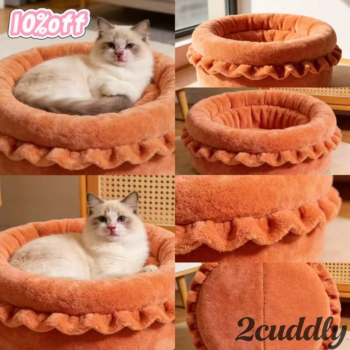 Ruffled Plush Pet Bed for Cats - Orange, Round, Ultra Soft, All-Season Comfort