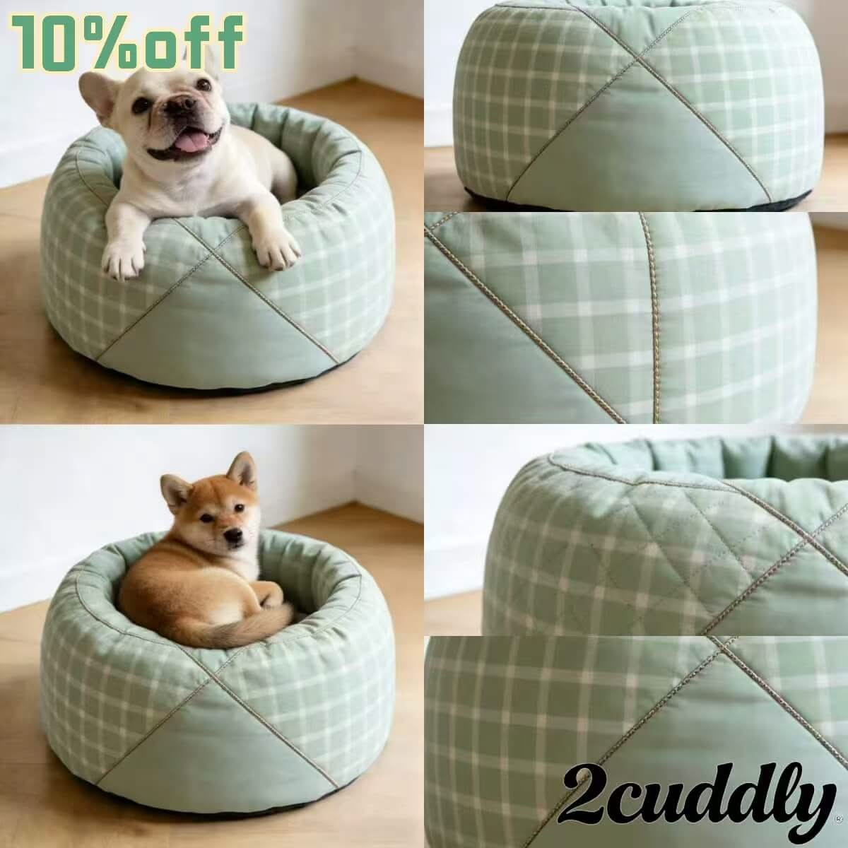Country-Dining Pet Bed for Dogs - Round, Mint Plaid, Classic Pattern, Cozy Home Style