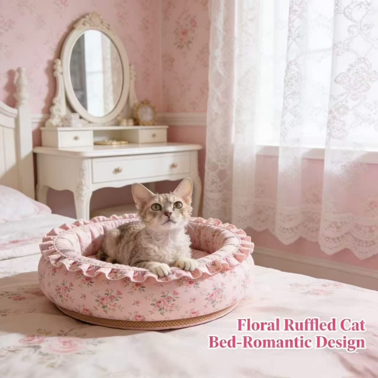Floral Ruffled Pet Bed for Cats - Pink, Frilled Design, Soft Fabric, Cozy Cushion, All-Season