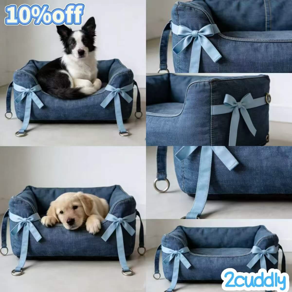 Sturdy Industrial-Chic Pet Bed for Dogs - Blue Denim, Square, Bow Straps