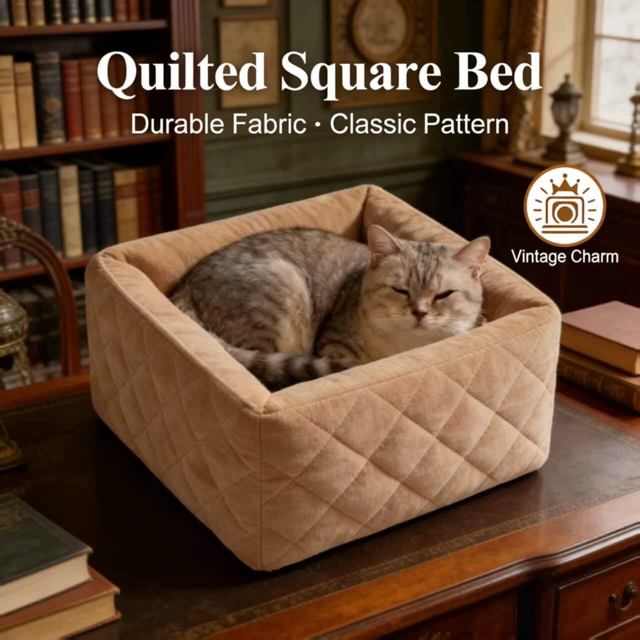 Cozy Pet Bed for Cats - Beige, Square, Corduroy Fabric, Quilted Design