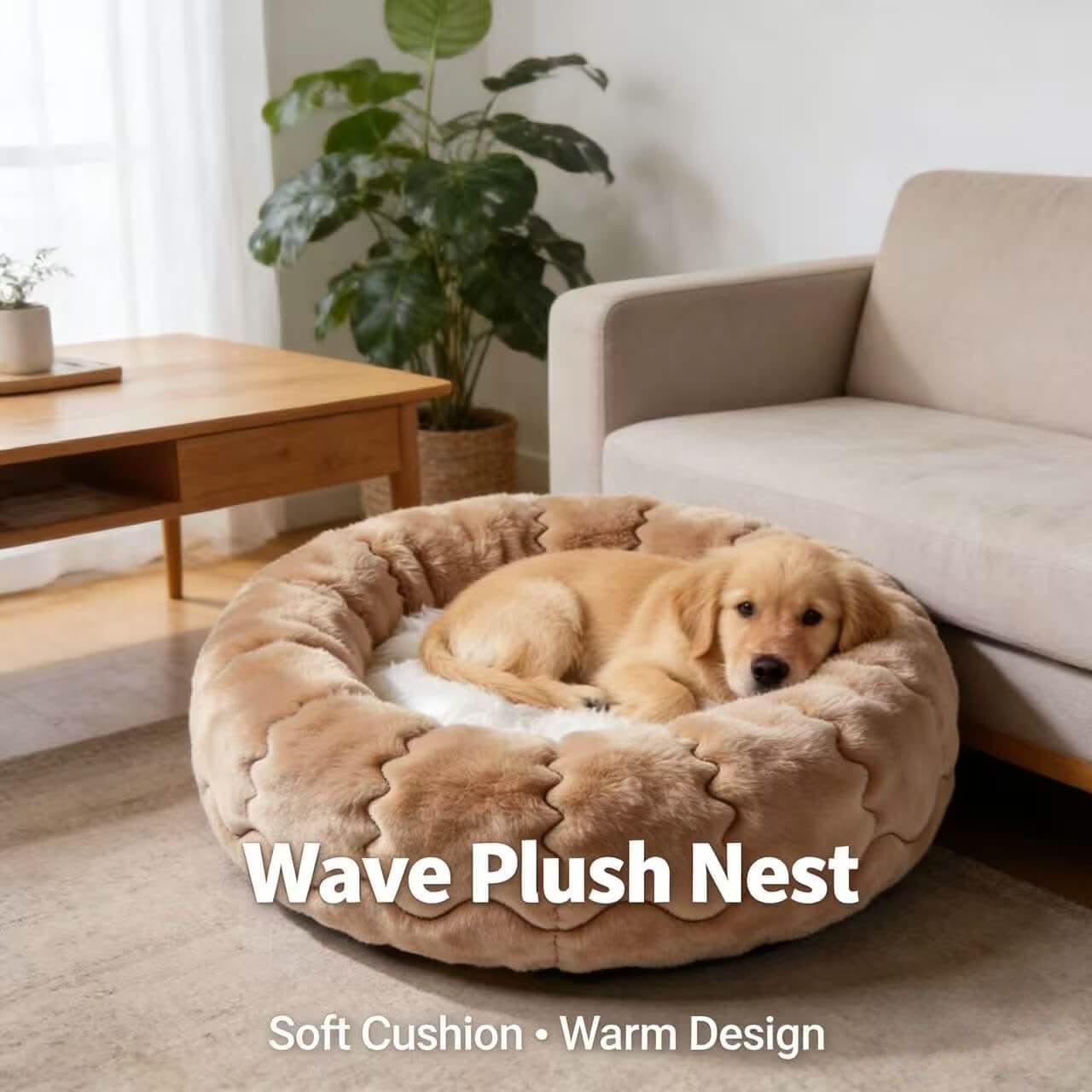 Wave-Plush Pet Bed for Dogs - Round, Soft, Beige, Warm Cushion, All-Season