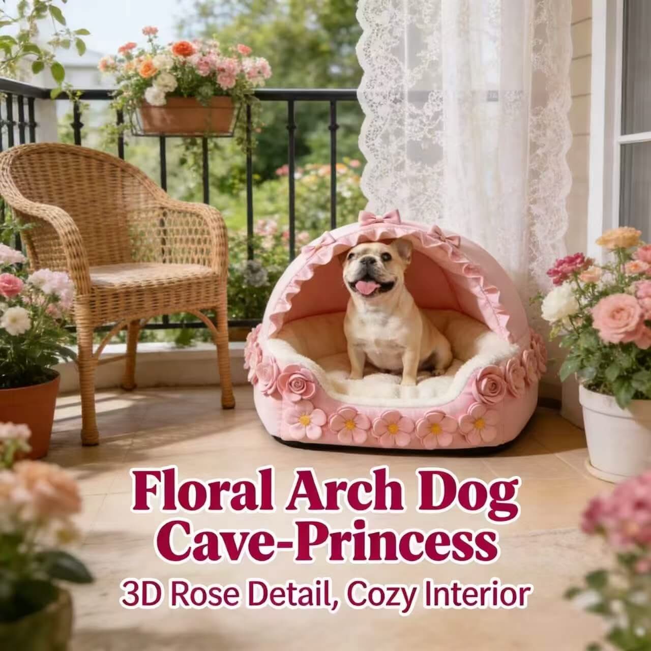 Cozy Private Pet Cave Bed for Dogs - Pink, 3D Rose Decor, Ruffled, Soft Interior