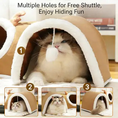 Interactive Toy Multi-Entry Cat Tunnel: Beige Checkered Plush Mat for Cats (All-Season)