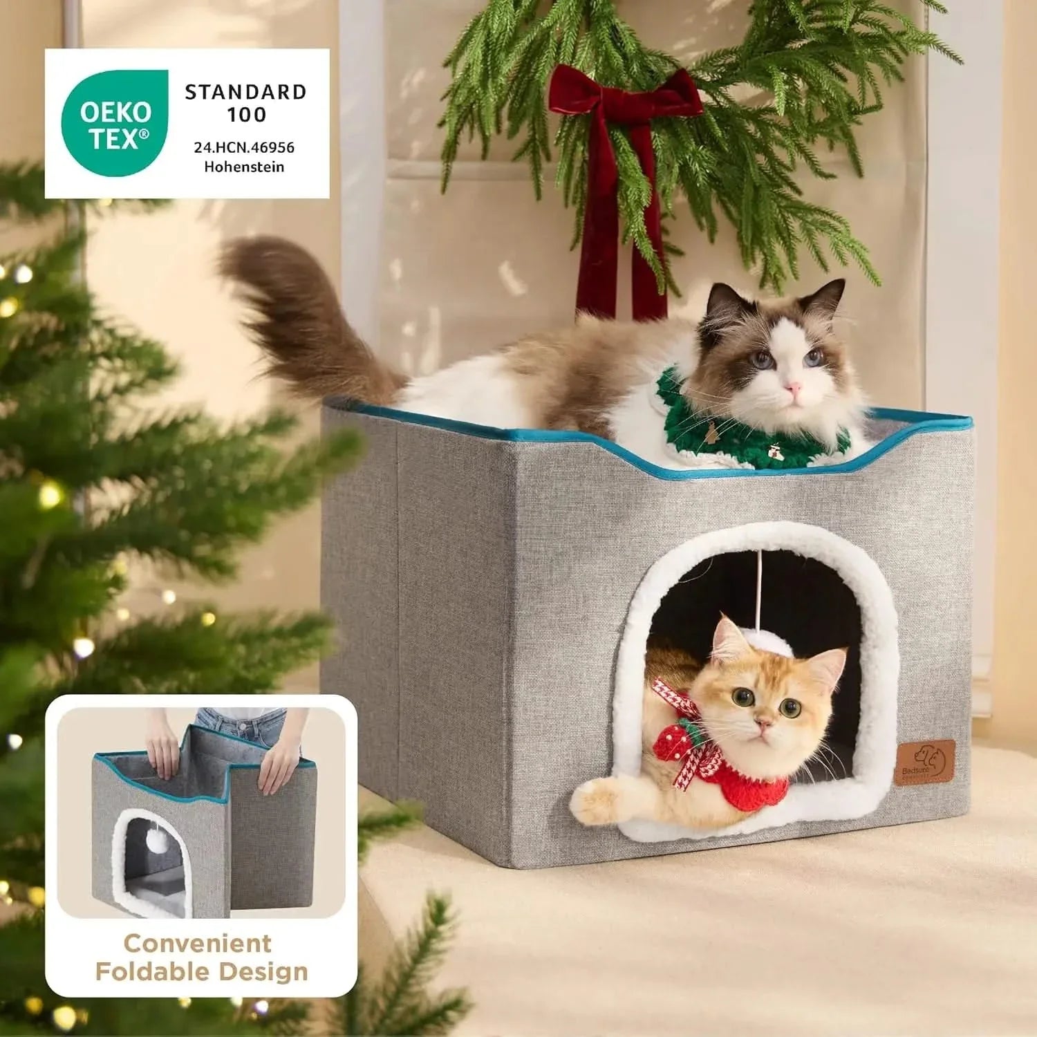 Bedsure Large Cozy Cat Cave Hideaway House, Scratch Pad, Plush Toy