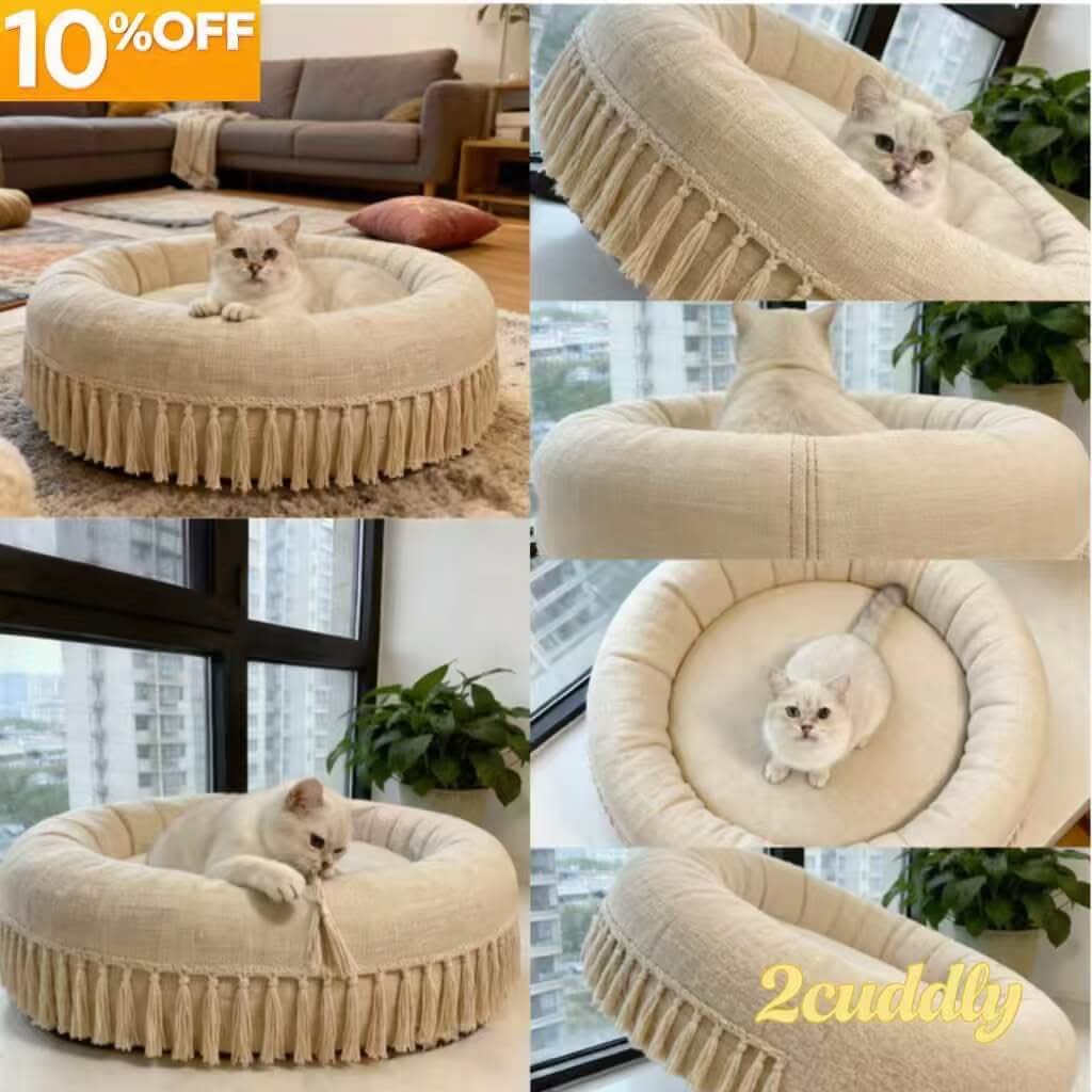 Fringed Round Cat Bed , Soft Fabric Beige for Cats