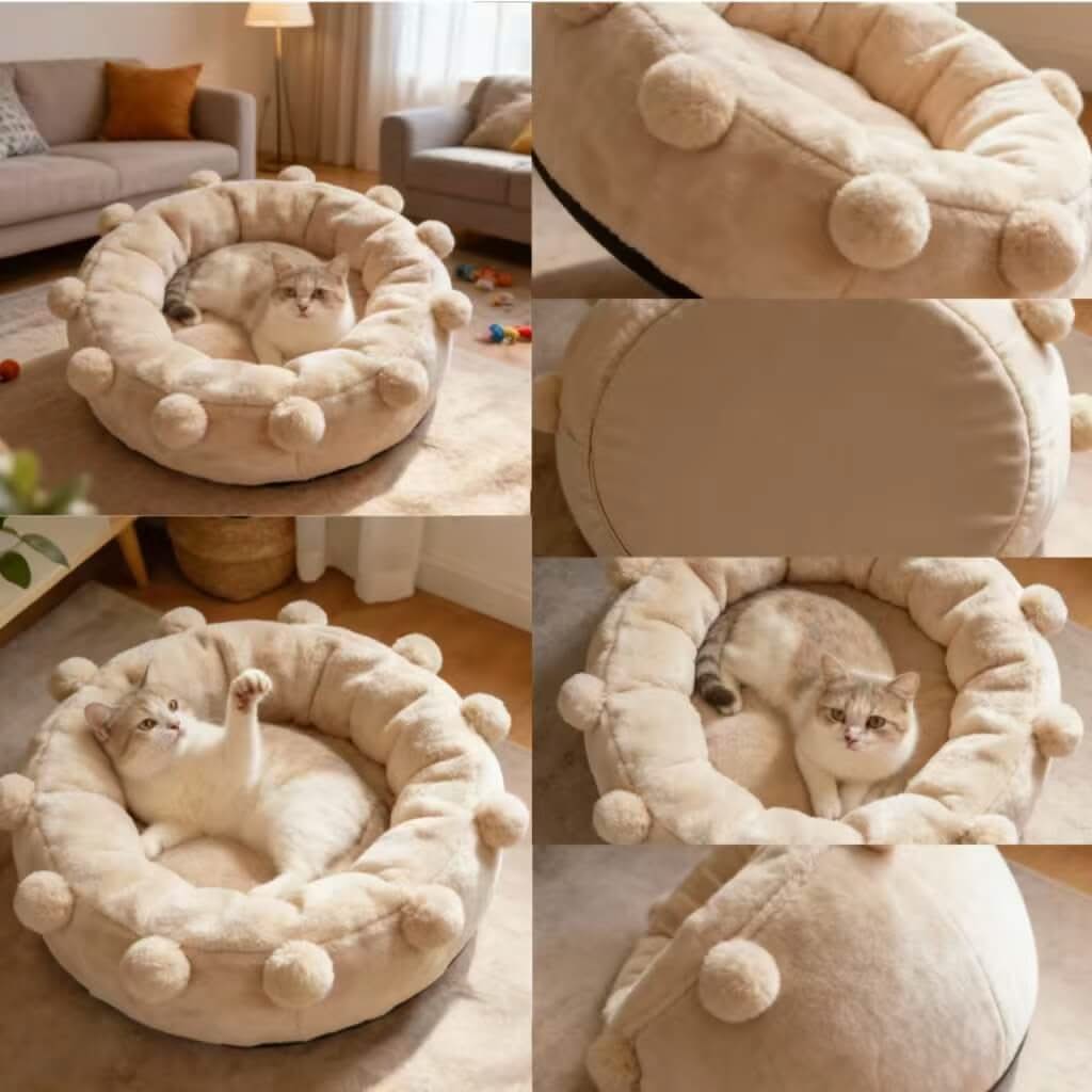 Fluffy Comfort Pet Bed for Cats- Pom-Pom Decor, Plush Fleece, Beige, All-Season