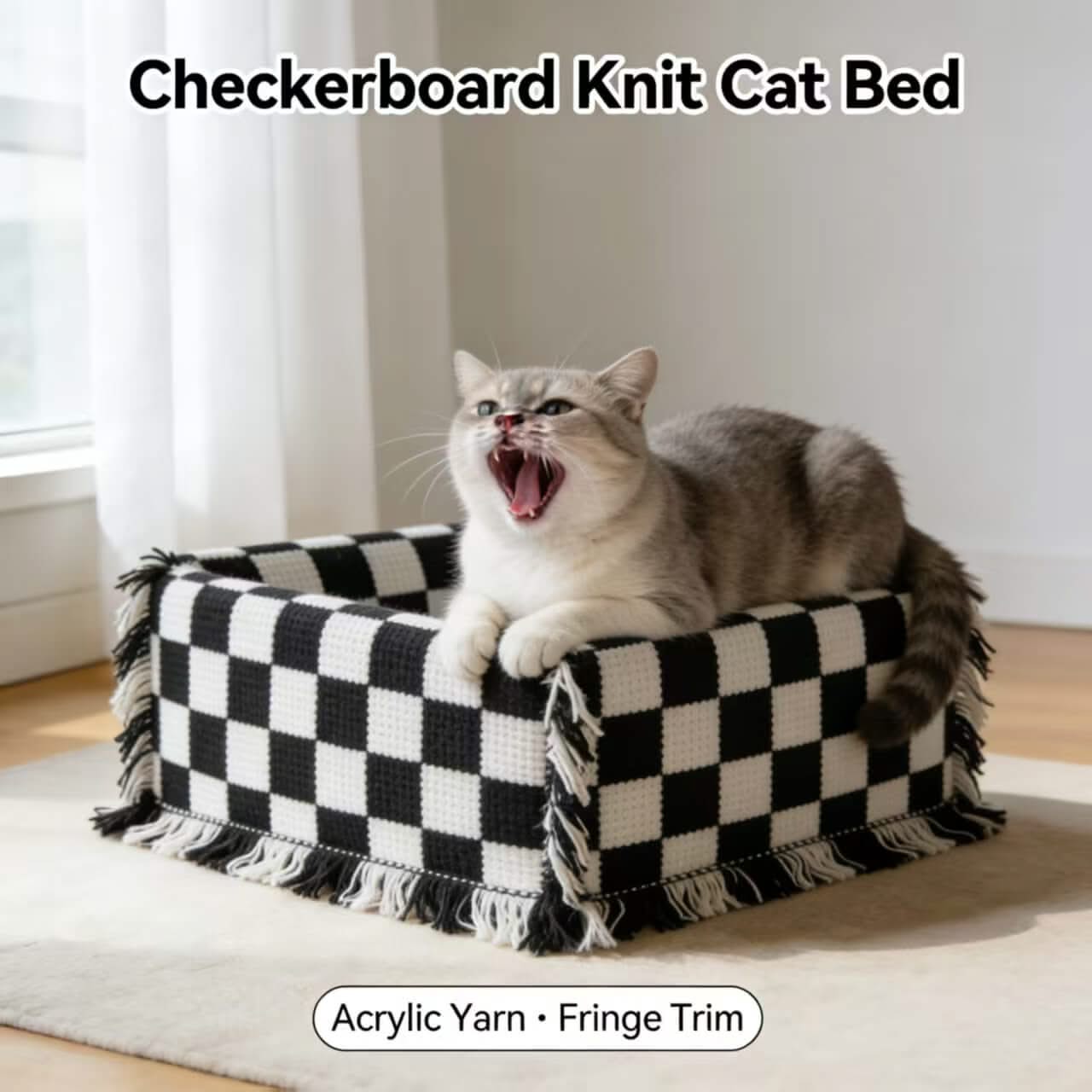 Checkerboard Knit Cat Bed, Acrylic Yarn Fringe Trim Black/White for Cat