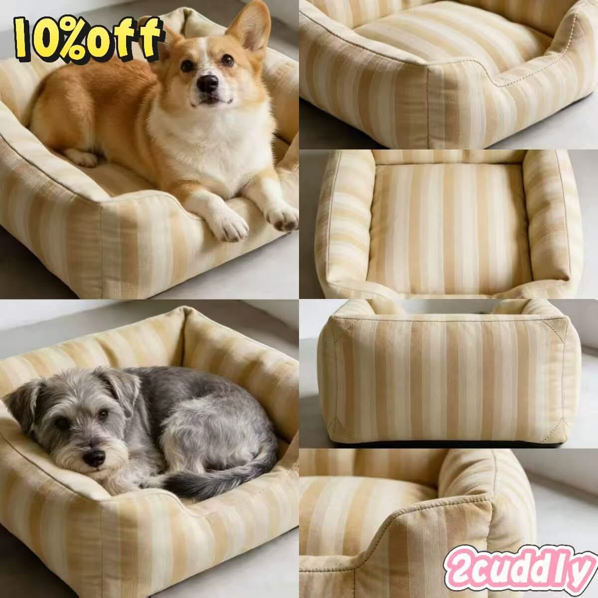 Durable Office Pet Bed for Dogs - Yellow Striped, Square, Linen Fabric