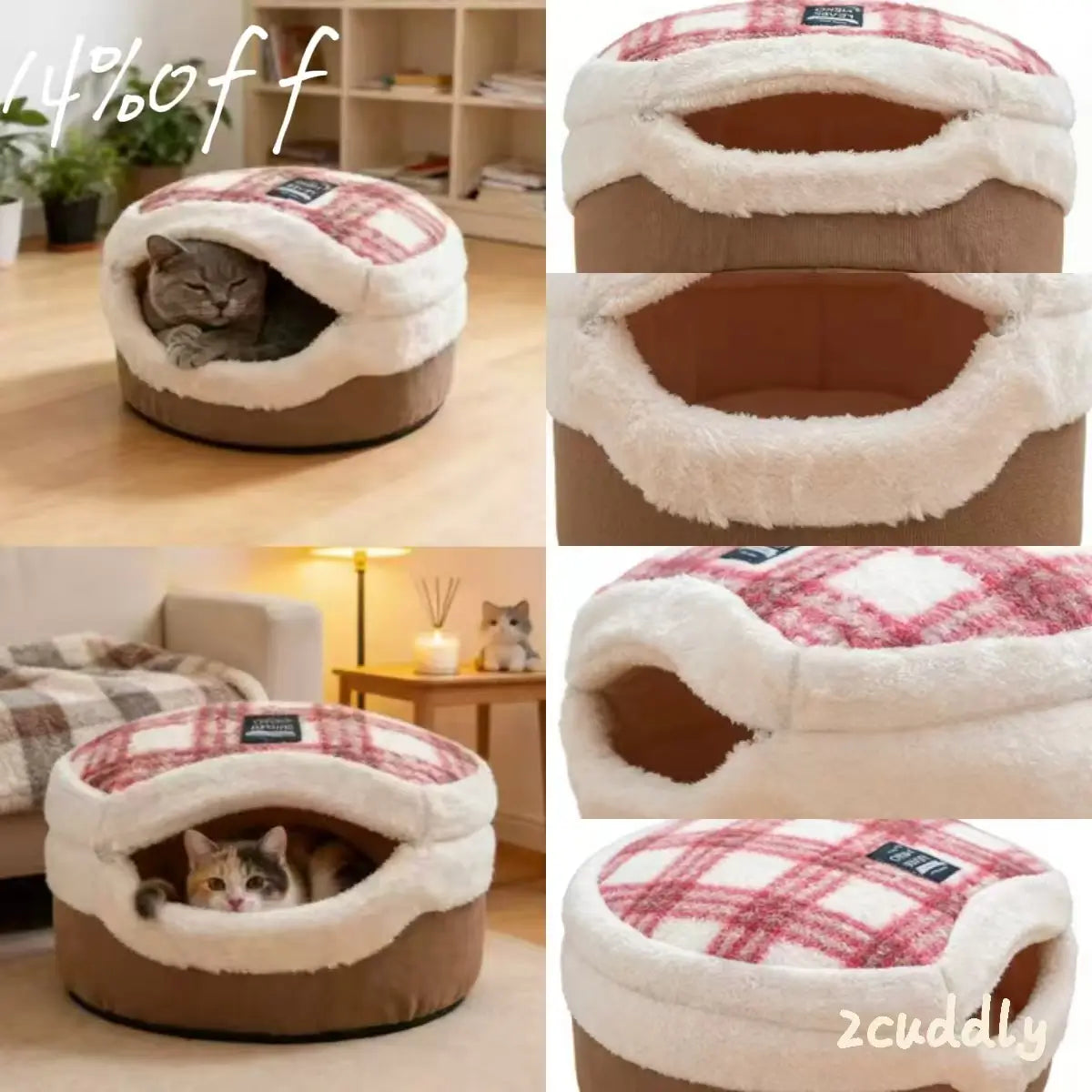 Cozy Enclosed Cat Cave Bed: Pink Plaid Plush, Warm Rest Spot for Cats (Winter-Ready)