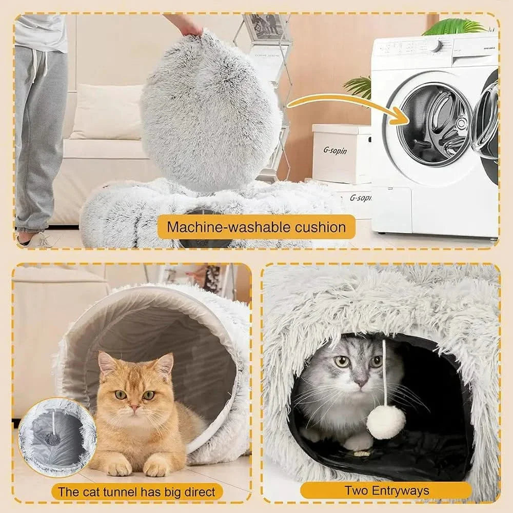 Cozy Plush Foldable Cat Tunnel Bed & Warm Nest Hideaway for Winter