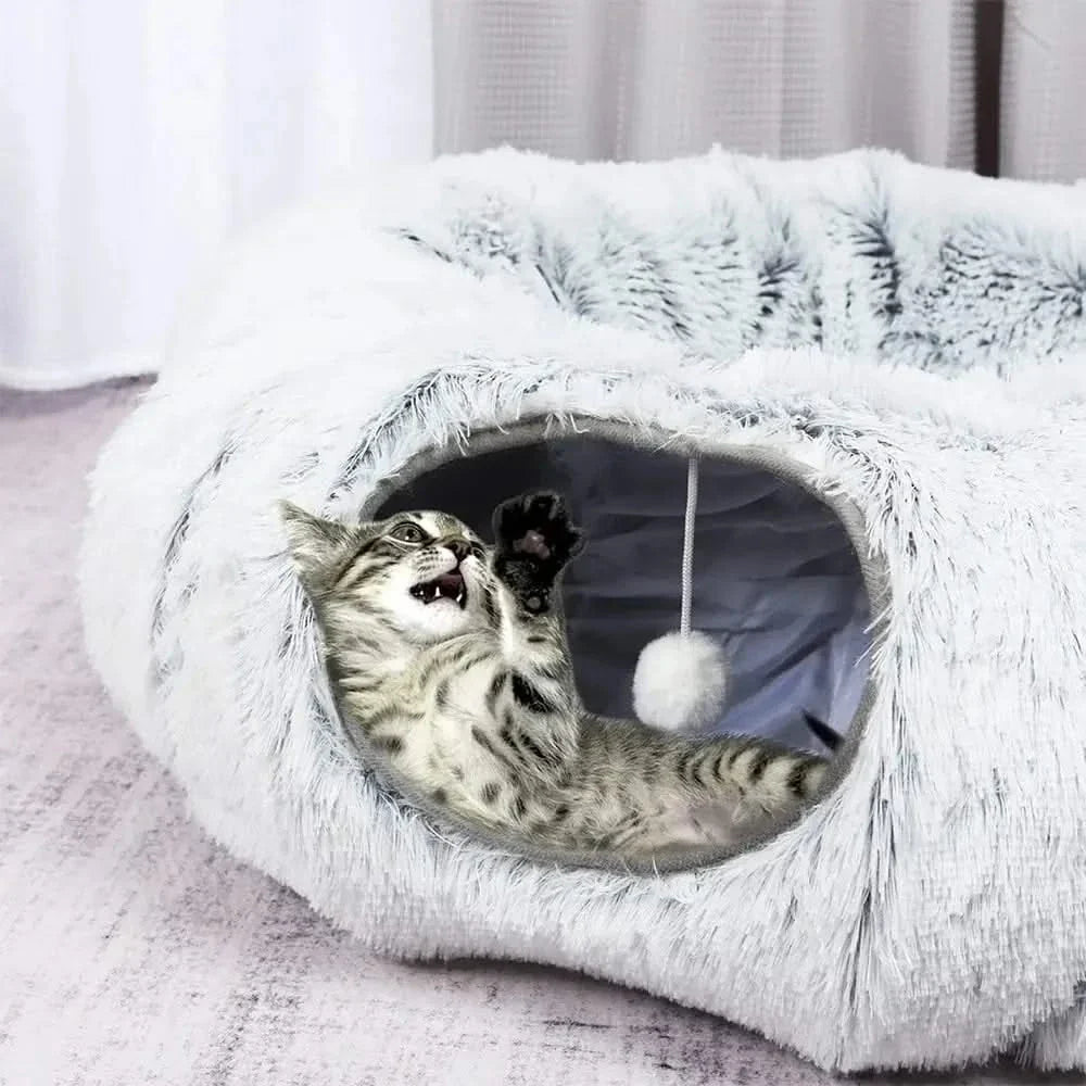Cozy Plush Foldable Cat Tunnel Bed & Warm Nest Hideaway for Winter