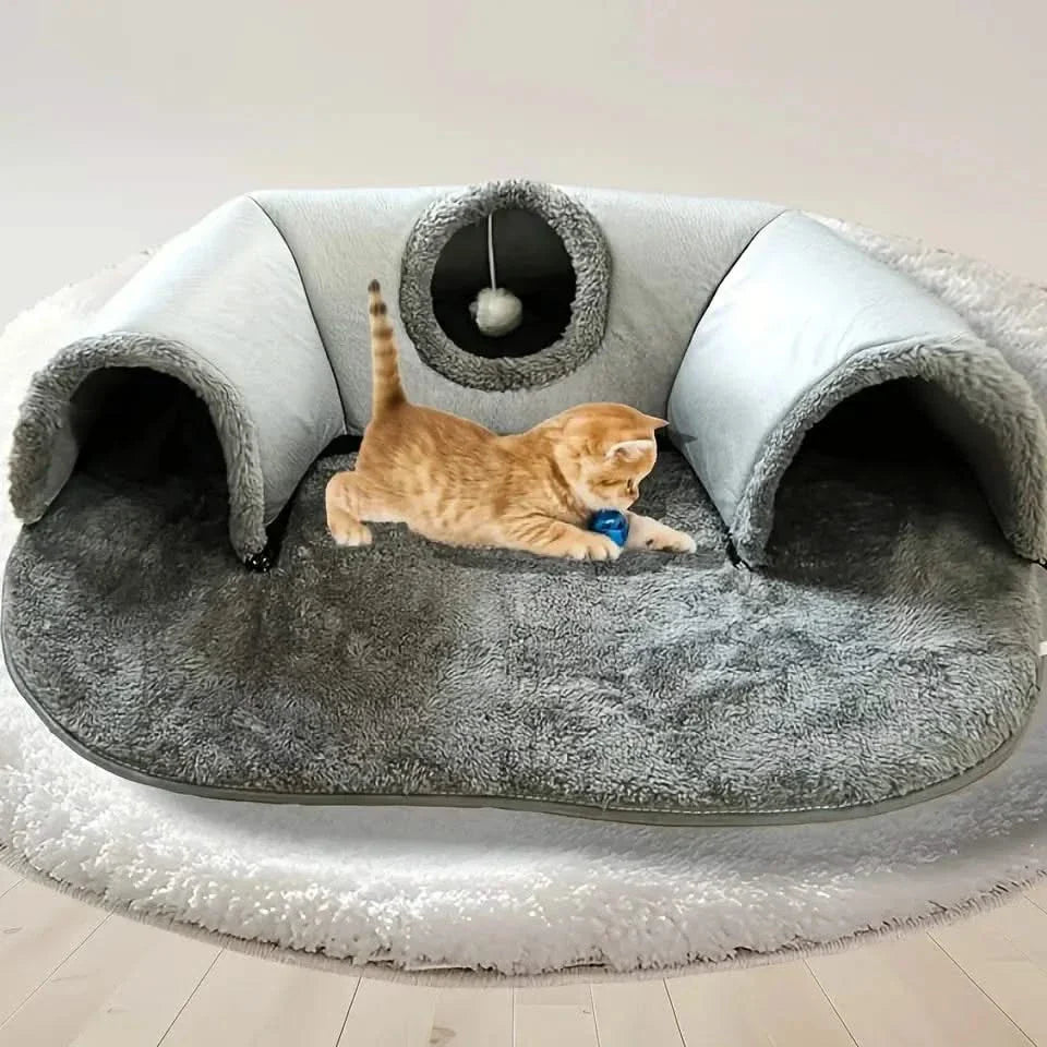 Versatile 3-in-1 Cat Tunnel Bed: Play Mat, Warm Nest, Anti-Slip