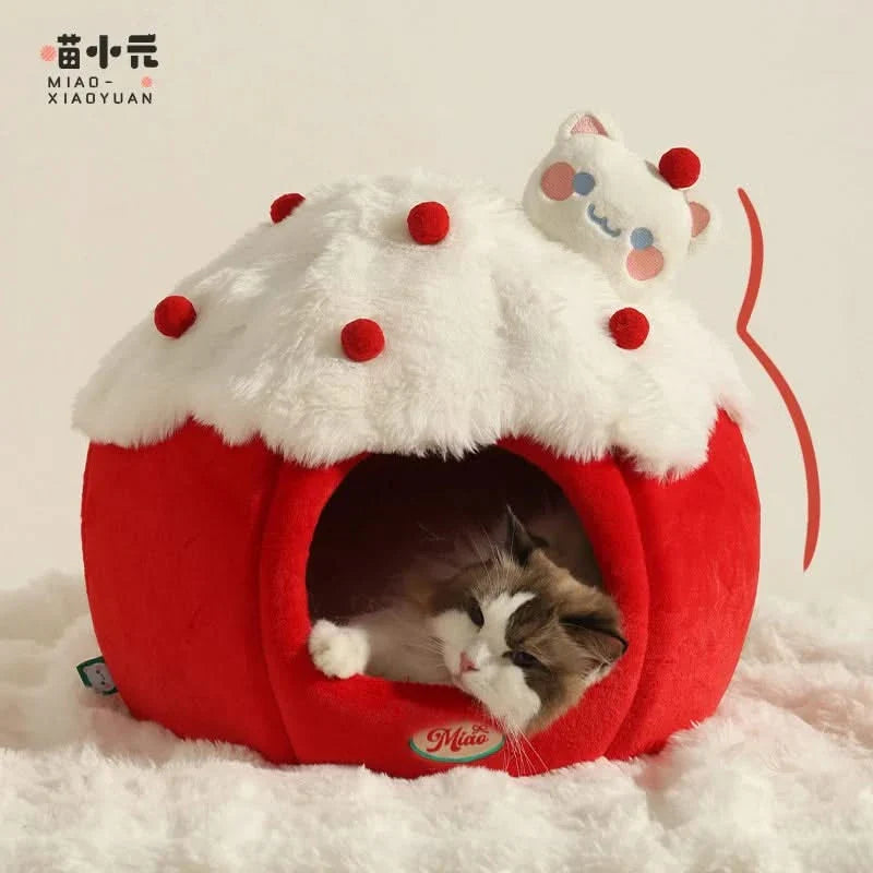 Adorable Strawberry Plush Pet Bed: Warm Cave House for Cats & Small Dogs