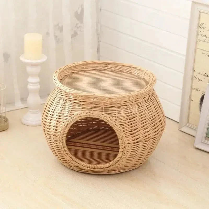 Eco-Friendly Handwoven Rattan Cat House, Durable Wicker Pet Nest with Thick Cushion