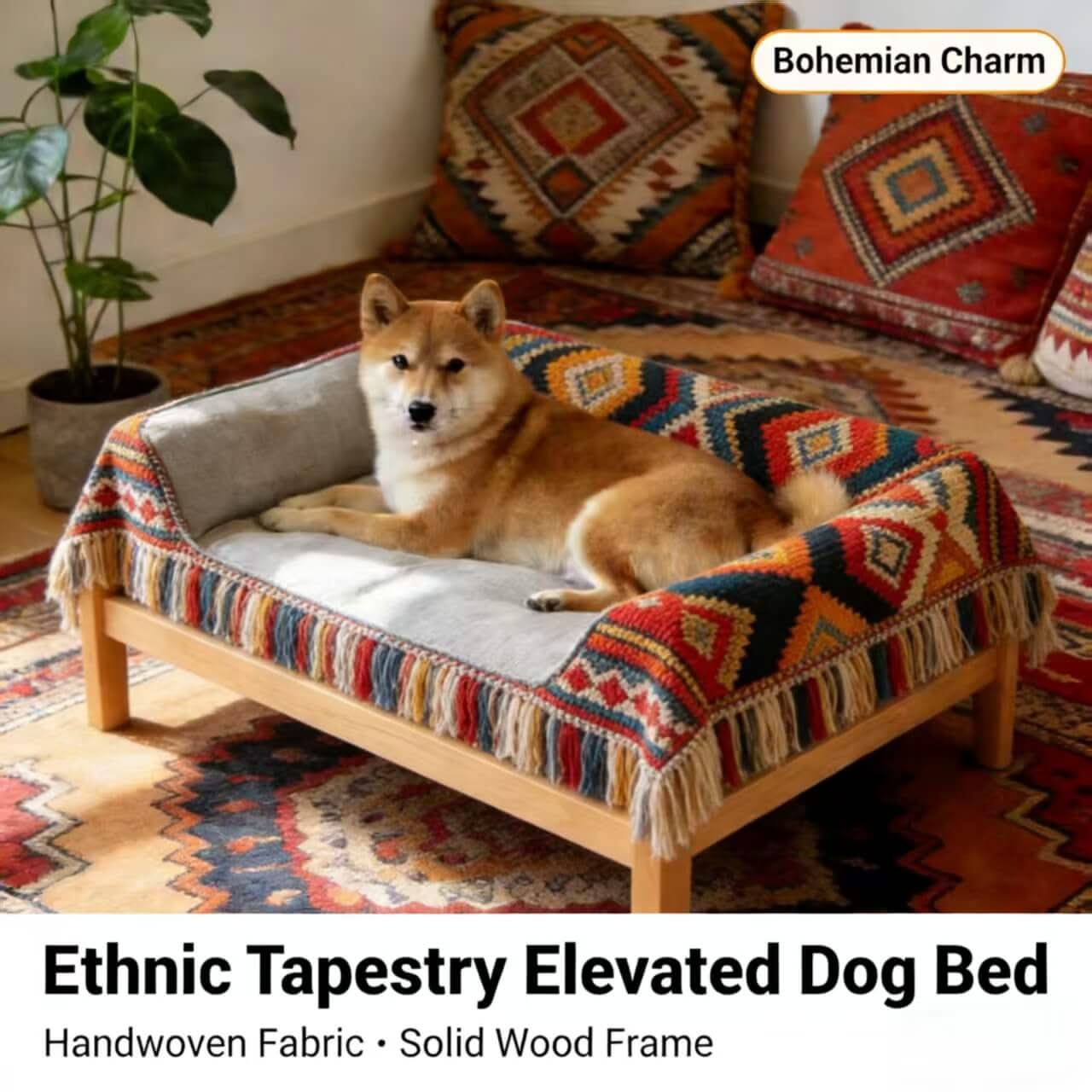 Ethnic Tapestry Elevated Dog Bed , Handwoven Fabric & Solid Wood Frame for Small-Medium Dogs