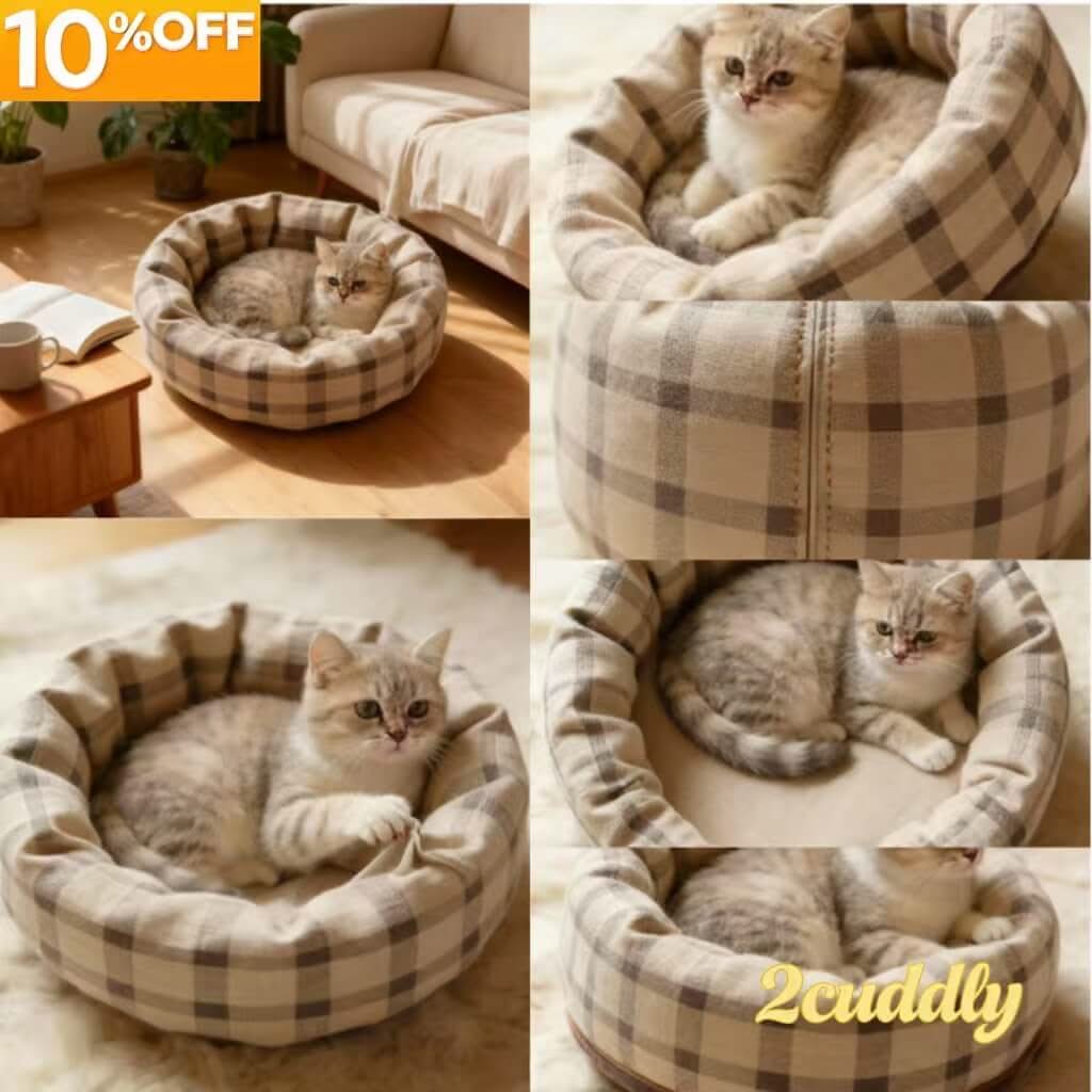 Plaid Pet Bed for Cats - Beige-Gray, Round, Soft Fabric, Cozy Cushion, All-Season
