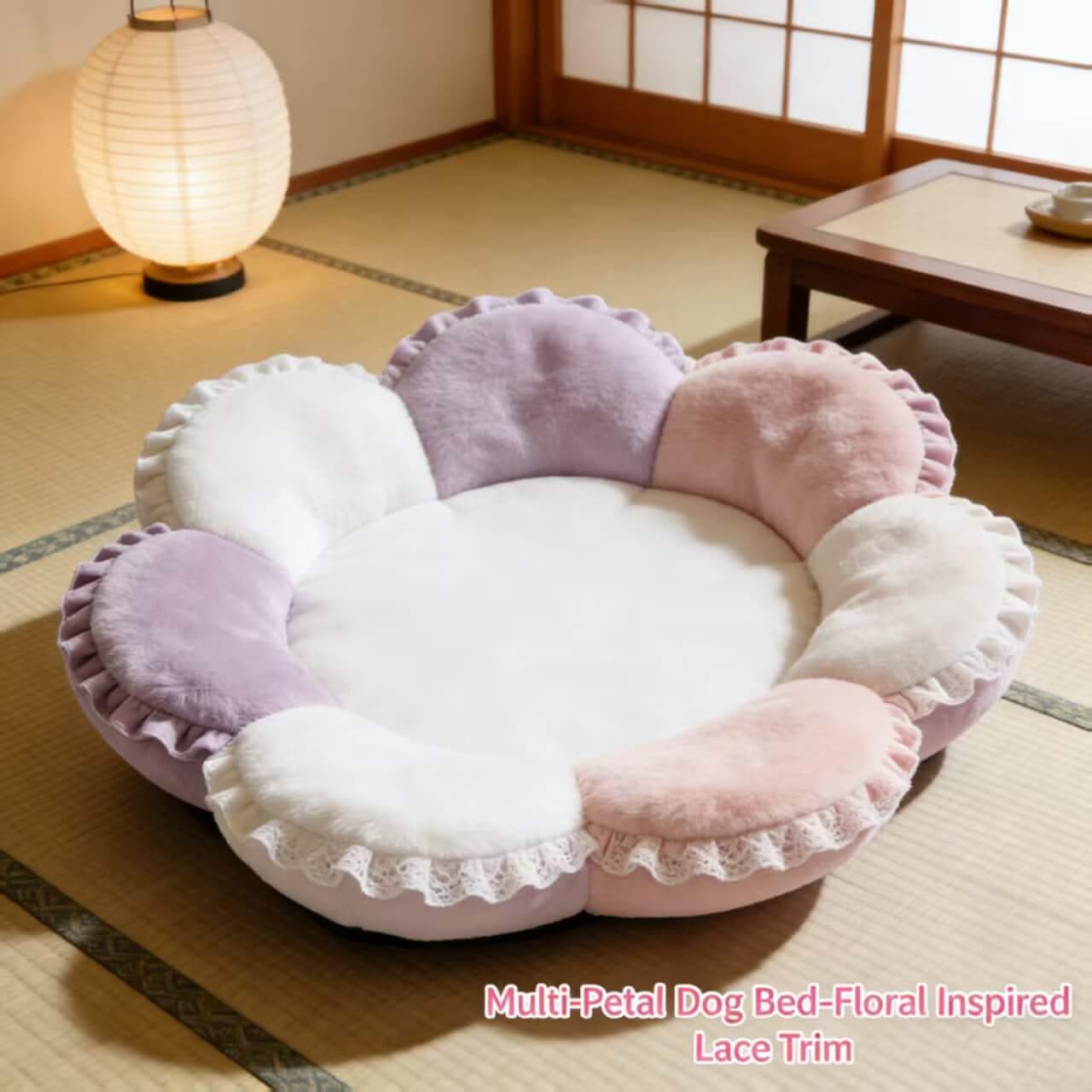 Floral-Inspired Pet Bed for Dogs - Multi-Petal, Pink/Purple, Lace Trim, Plush Fabric
