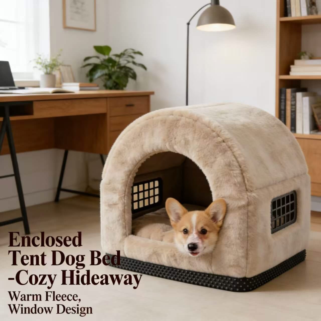 Enclosed Tent Dog Bed , Warm Fleece Window Design Beige for Small-Medium Dogs