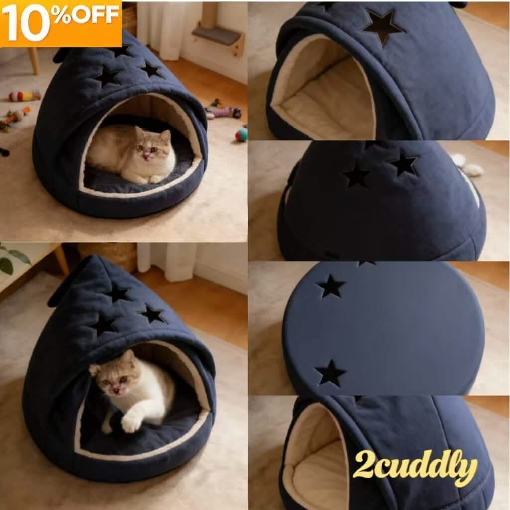 Cozy Star-Patterned Pet Cave Bed for Cats - Plush, Navy Blue, Hiding Spot, All-Season