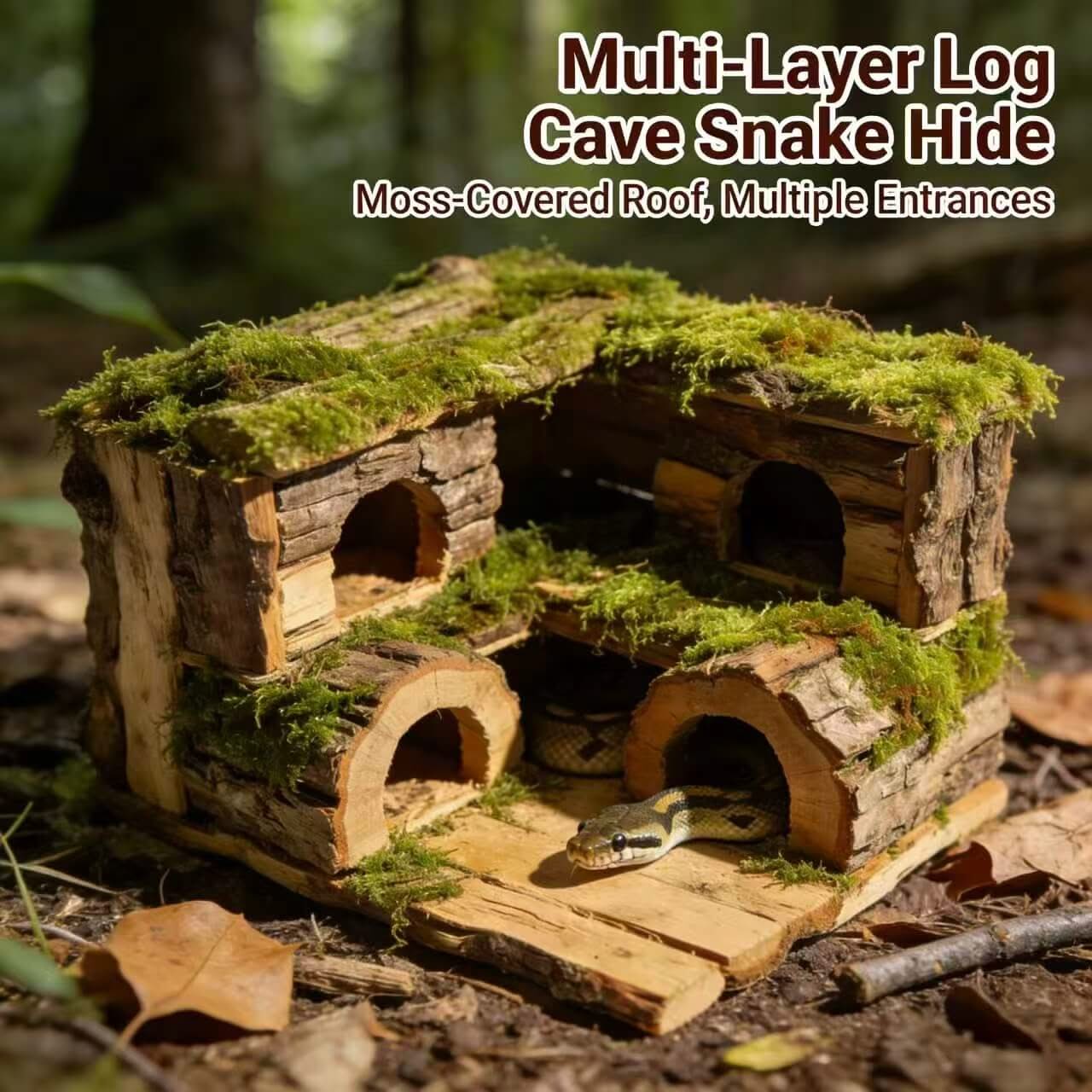 Multi-Hide Wood & Moss Snake Hide: Tiered Design, Natural Habitat for Snakes