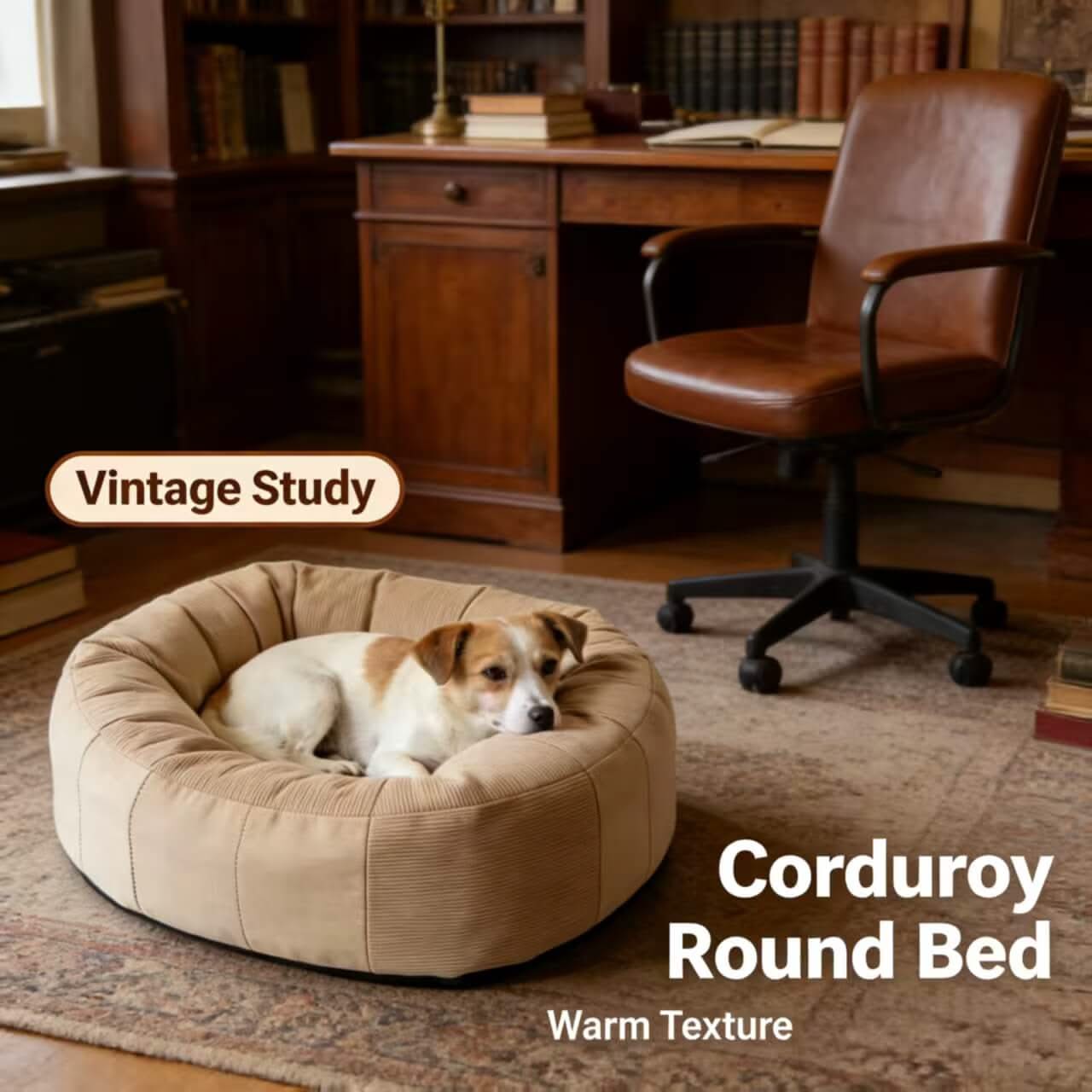 Vintage-Study Pet Bed for Dogs - Round, Beige Corduroy, Warm Texture, Cozy Design