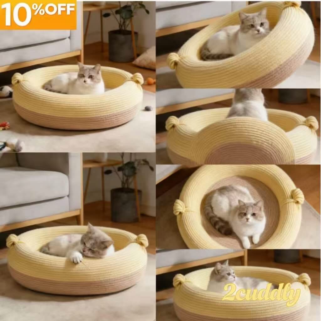 Cozy Knitted Pet Bed for Cats - Yellow-Beige, Round, Knot Decor, Soft Yarn Fabric
