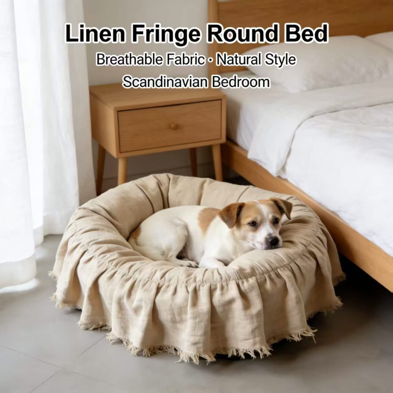 Breathable Pet Bed for Dogs - Beige, Round, Linen Fabric, Fringe Trim, Scandinavian Style