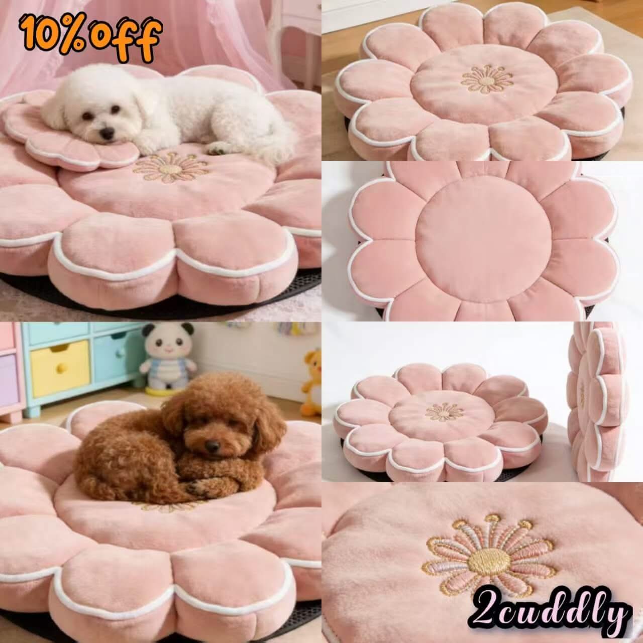 Petal Shape Dog Bed, Embroidered Daisy Ruffled Edges Pink for Small Dogs