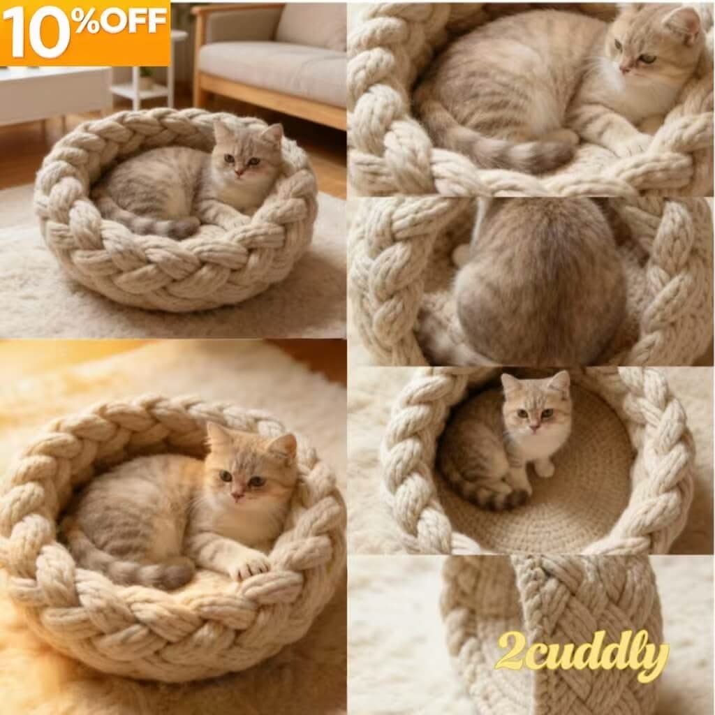 Chunky Knit Pet Bed for Cats - Cream, Braided Design, Soft Cushion, Cozy All-Season