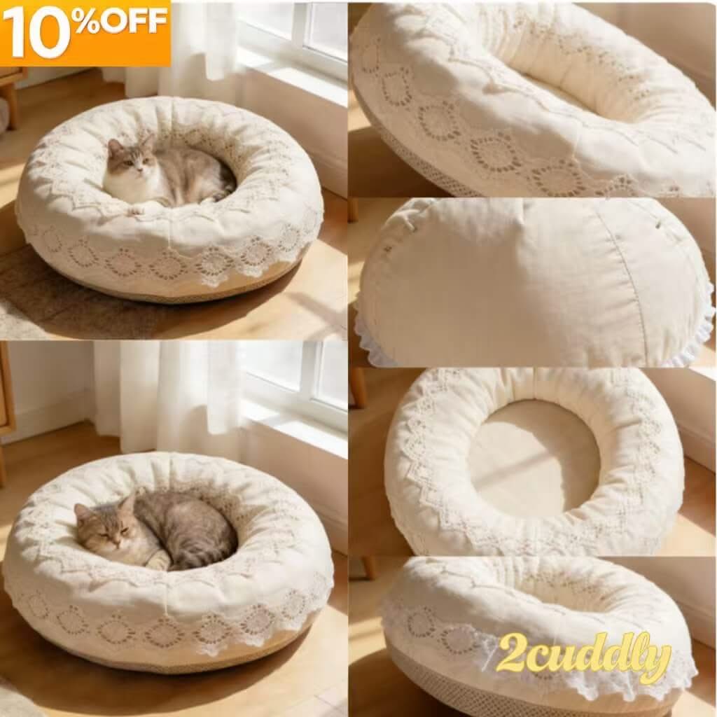 Elegant Lace Pet Bed for Cats - Round, Plush, Cream, Cozy Cushion, All-Season