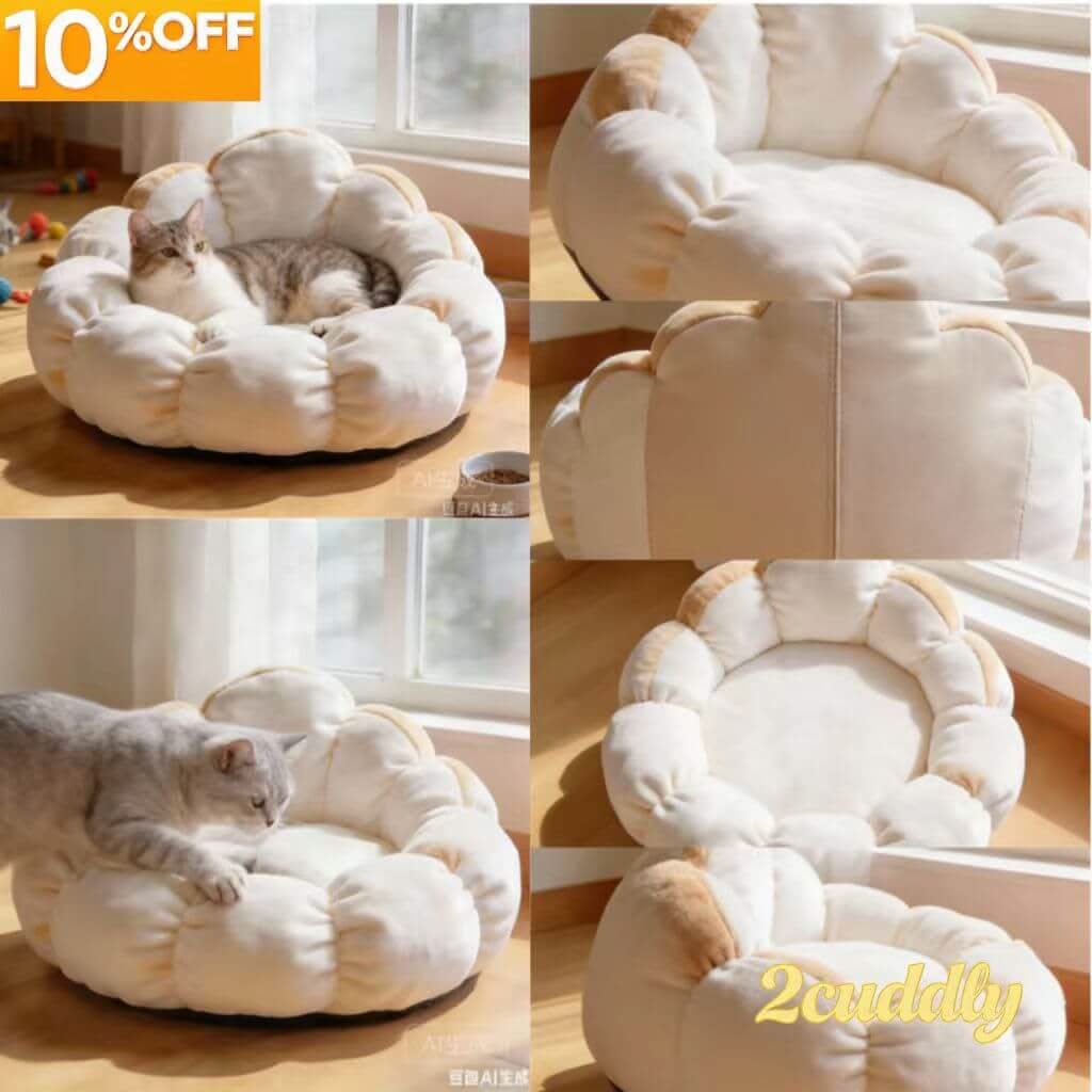 Plush Comfort Pet Bed for Cats- Flower-Shaped, Soft Fleece, Cozy Cushion (Beige-White, All-Season)