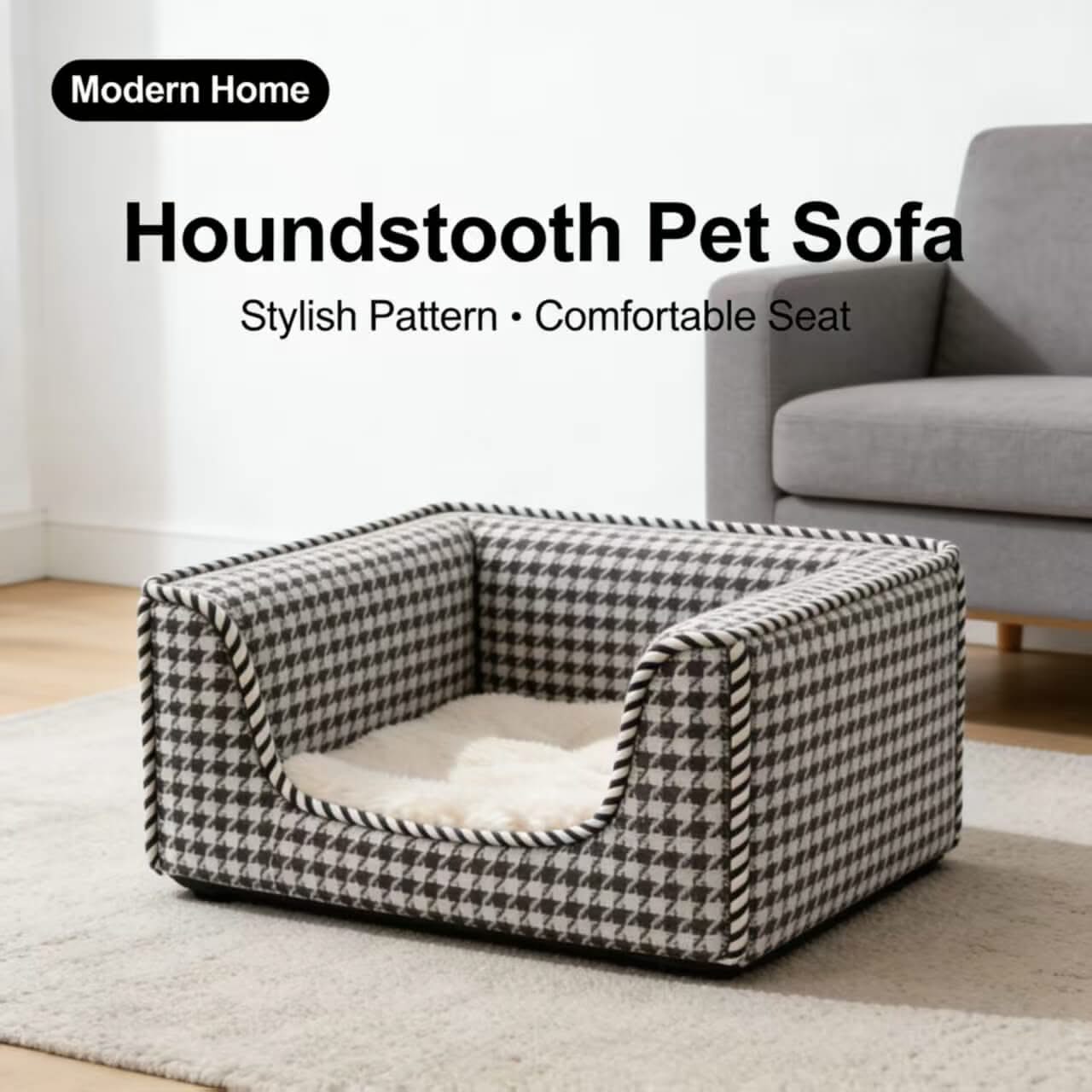 Stylish Cozy Pet Sofa for Cats - Black-White Houndstooth, Rope Trim, Plush Cushion