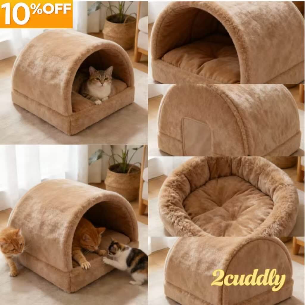 Plush Pet Cave Bed for Cats - Beige, Soft Cushion, Cozy Hiding Spot, All-Season