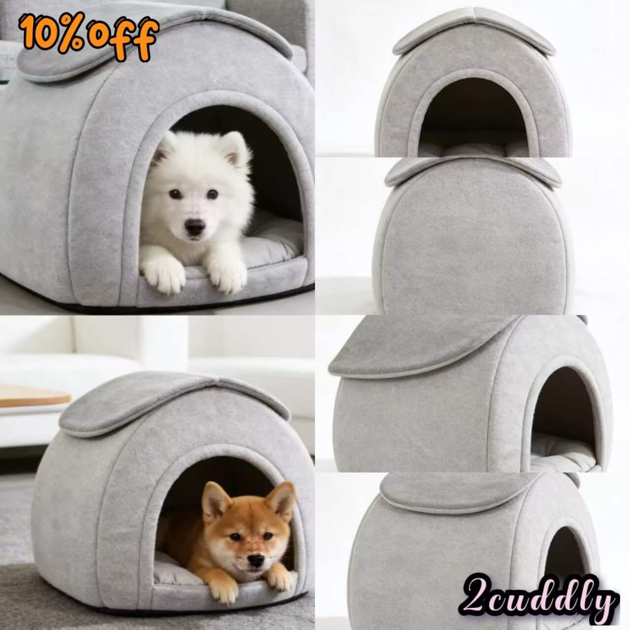 Unique Shelter Pet Bed for Dogs - Roof Design, Removable Cushion, Grey Neutral Tone