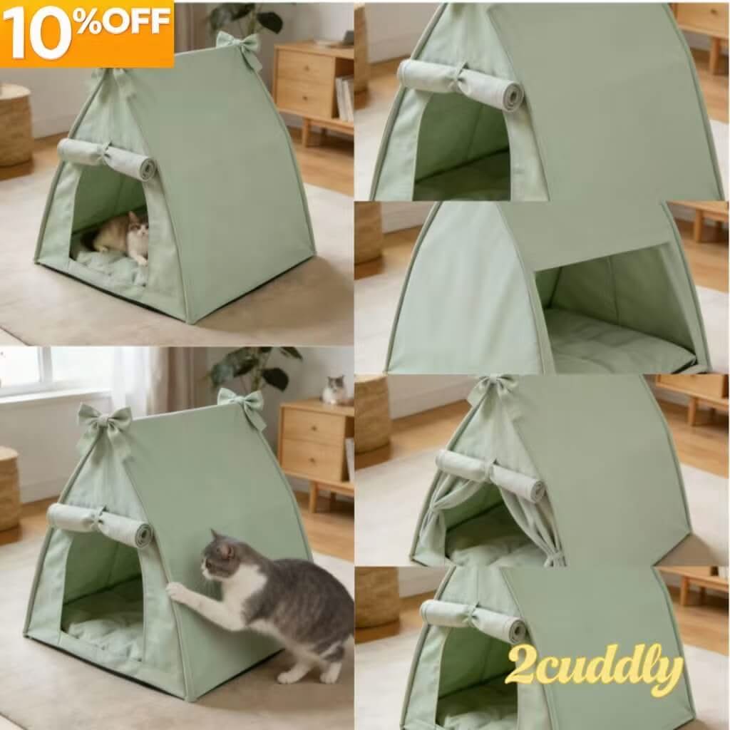 Private Pet Tent Bed for Cats - Mint Green, Bow Decor, Fabric, Cozy Hiding Spot