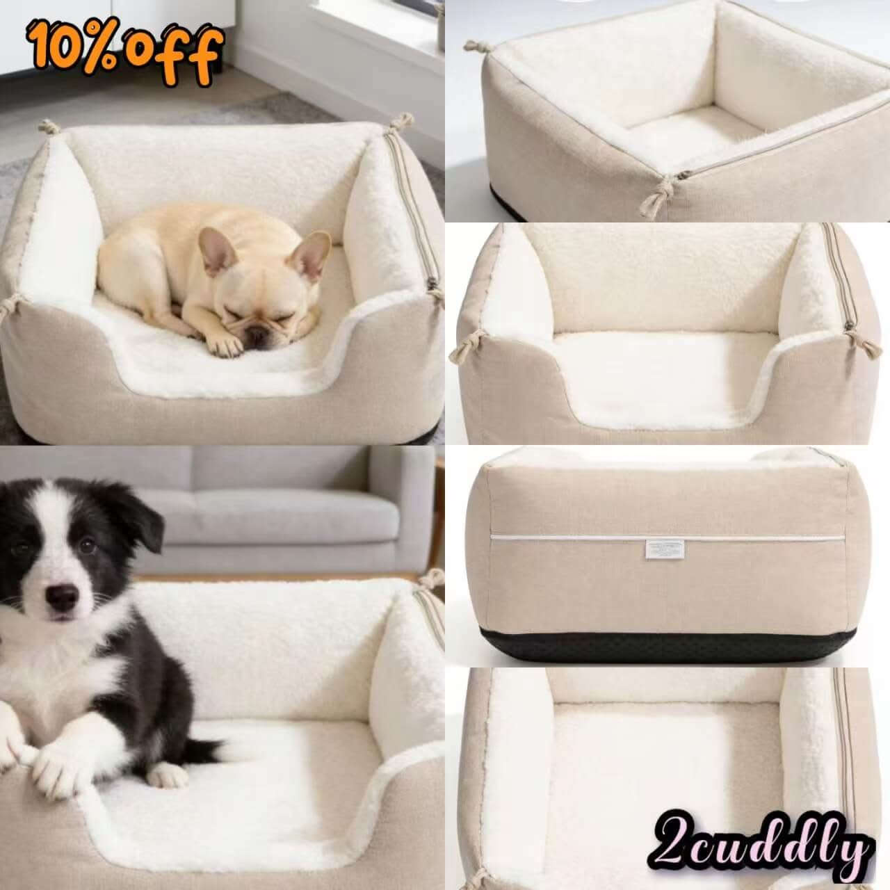 Practical Square Pet Bed for Dogs - Beige, Zipped, Removable Liner, Easy Wash, Plush Interior
