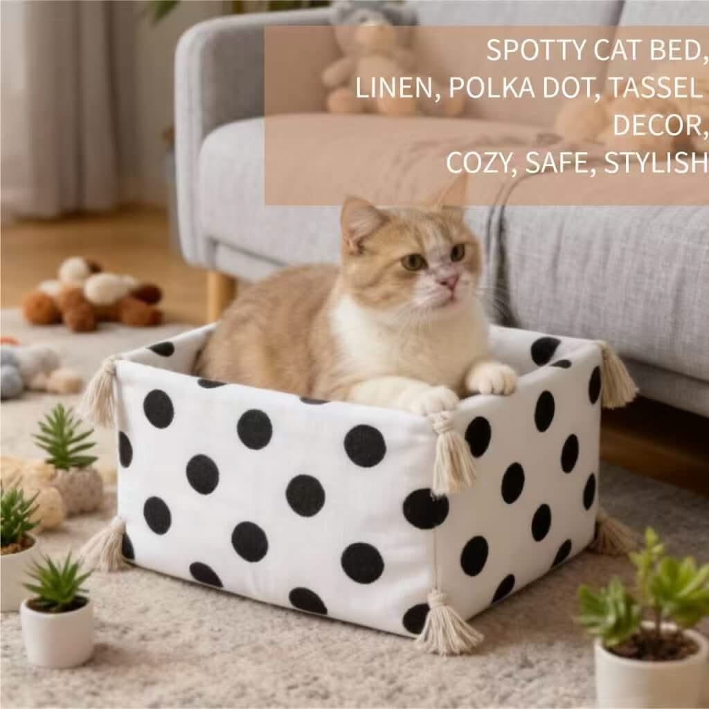 Polka Dot Pet Bed for Cats - White-Black, Square, Tassel Decor, Soft Fabric