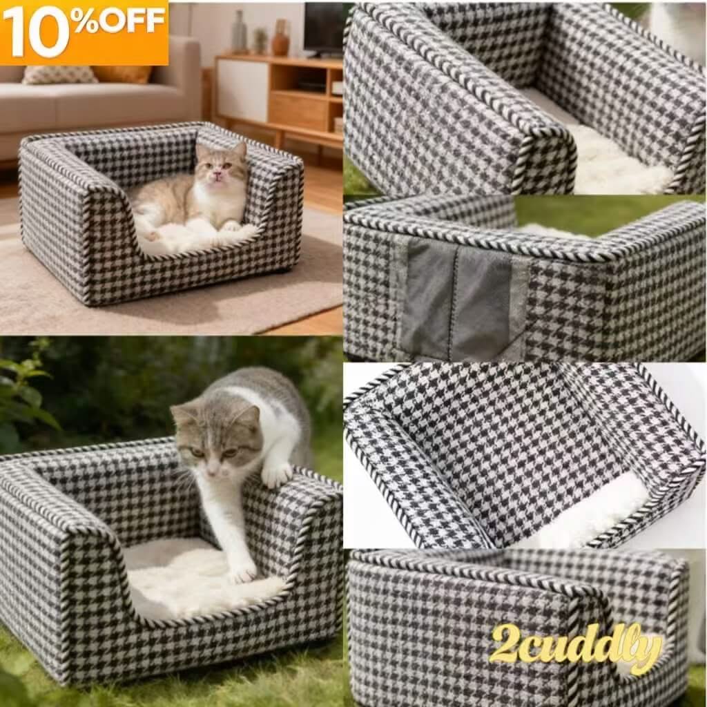 Stylish Cozy Pet Sofa for Cats - Black-White Houndstooth, Rope Trim, Plush Cushion