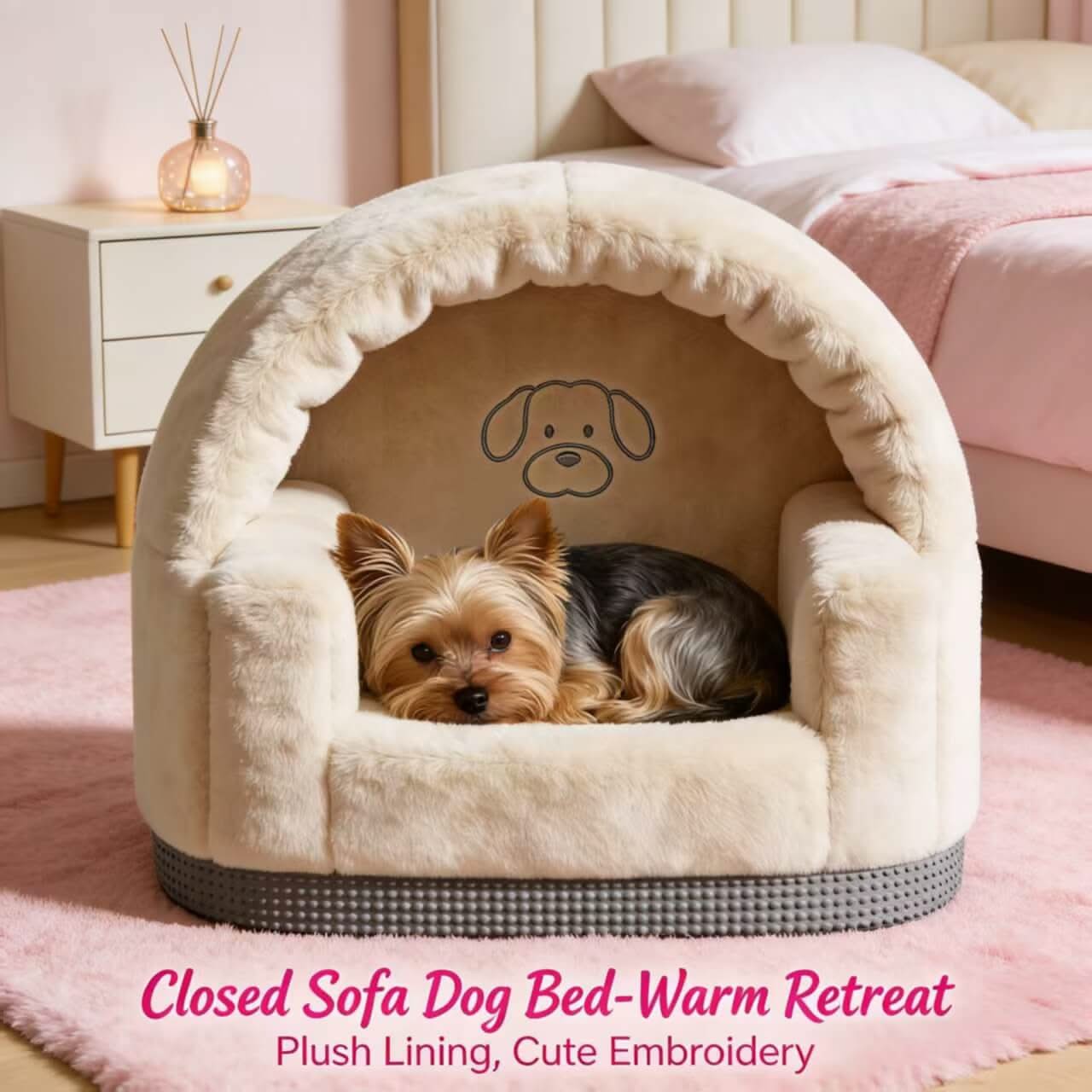 Warm-Retreat Closed Pet Bed for Dogs - Beige, Plush Lining, Cute Embroidery, Non-Slip Bottom