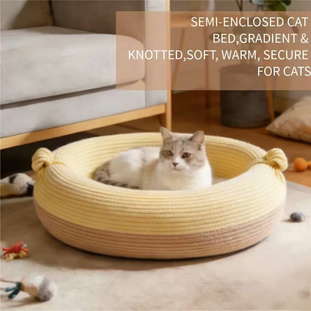 Cozy Knitted Pet Bed for Cats - Yellow-Beige, Round, Knot Decor, Soft Yarn Fabric