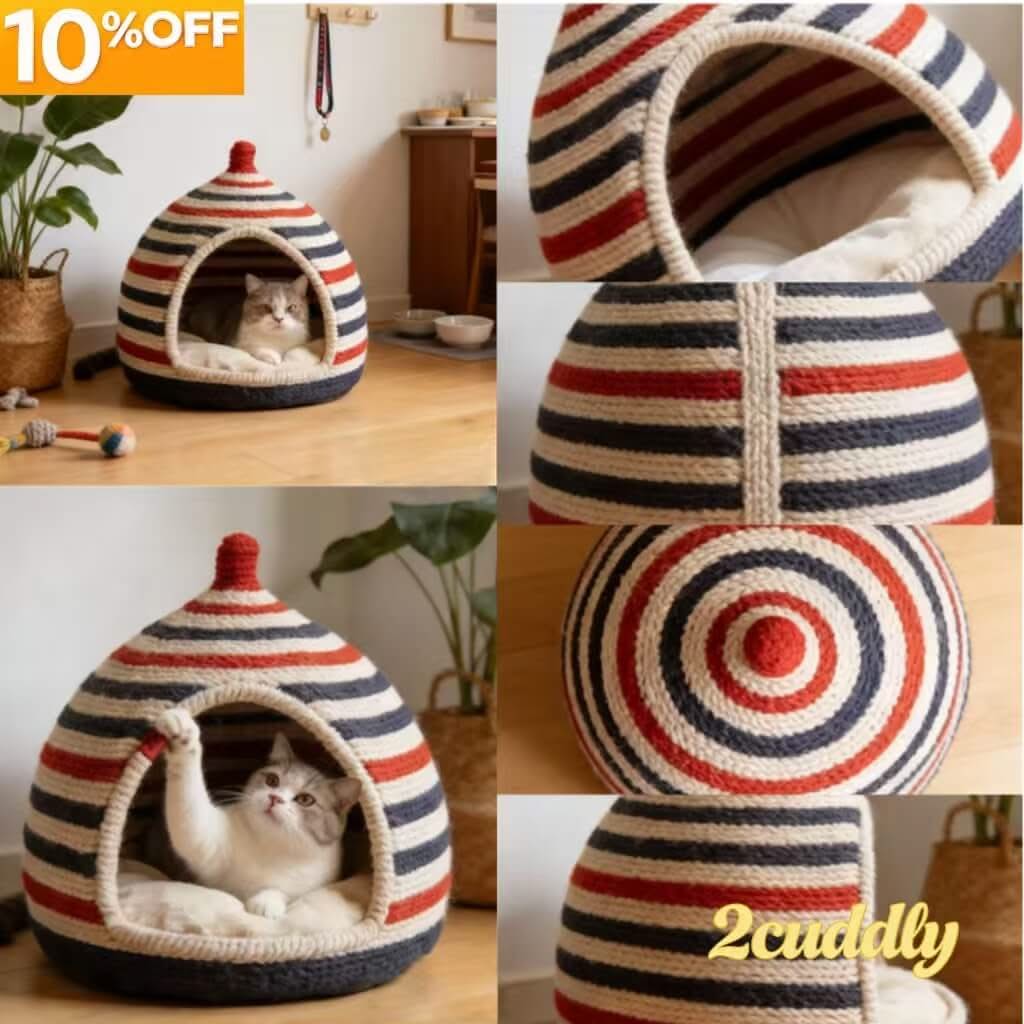 Striped Crochet Pet Cave Bed for Cats - Red-Navy-Cream, Pom-Pom Top, Cozy Hiding Spot
