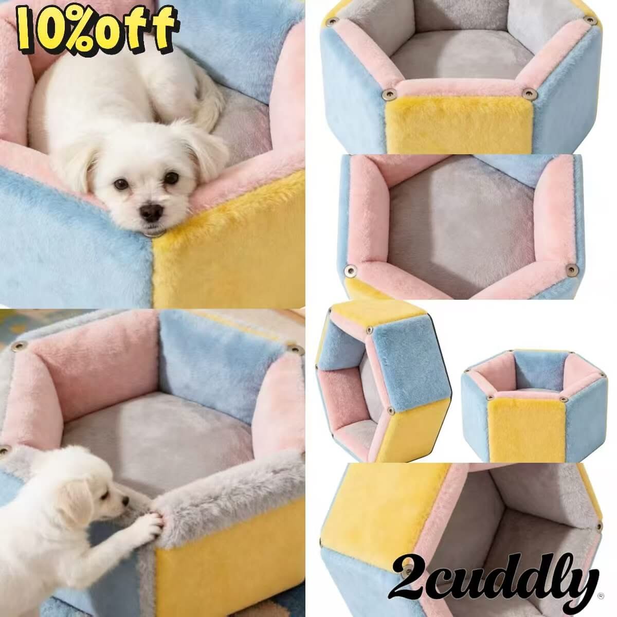 Colorful-Fun Pet Bed for Dogs - Hexagon Patchwork, Multi-Color, Soft Plush, Sturdy Structure