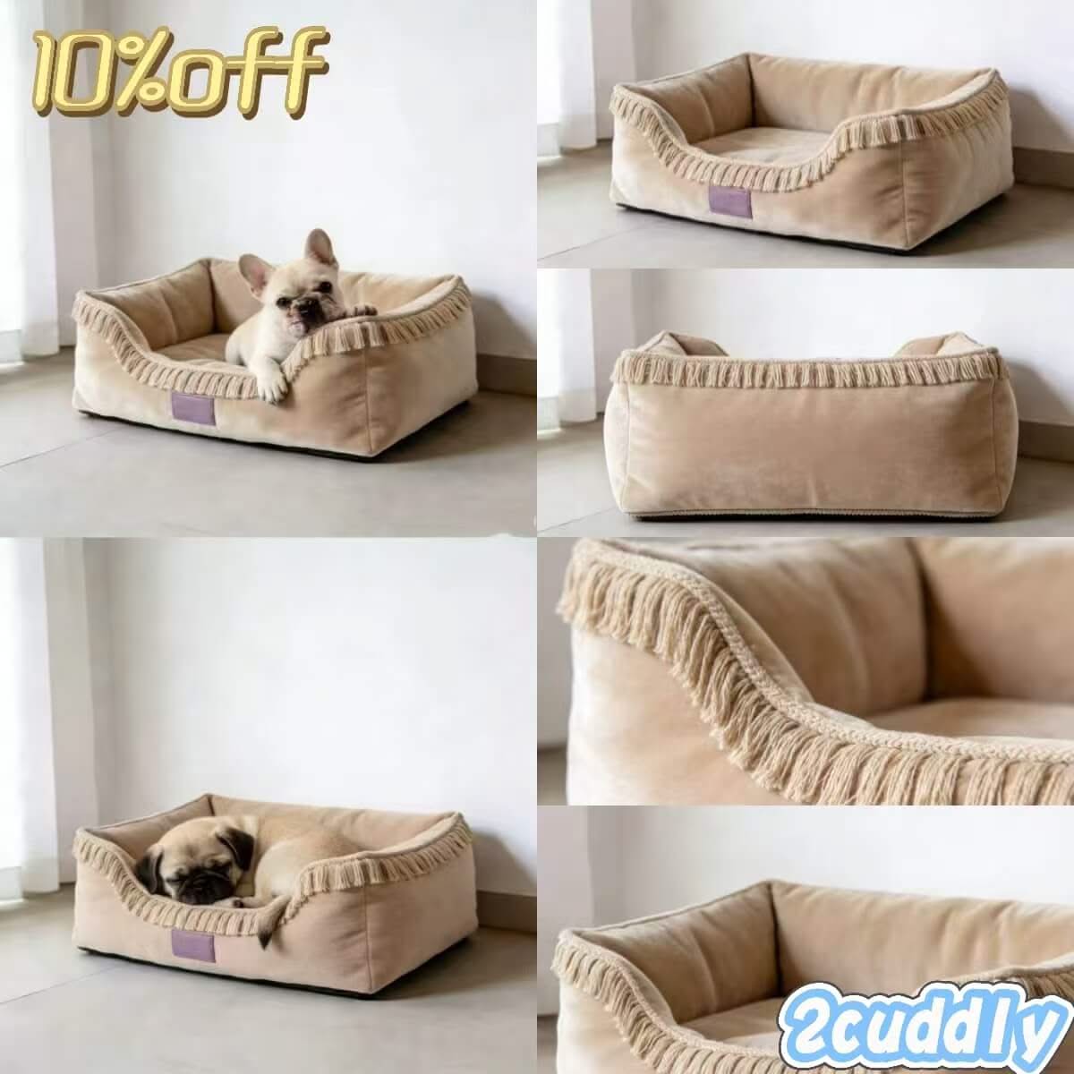 Water-Resistant Pet Bed for Dogs - Beige, Square, Fringe Trim, Non-Slip, Bathroom-Friendly
