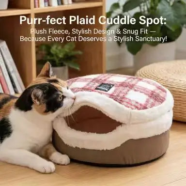 Cozy Enclosed Cat Cave Bed: Pink Plaid Plush, Warm Rest Spot for Cats (Winter-Ready)