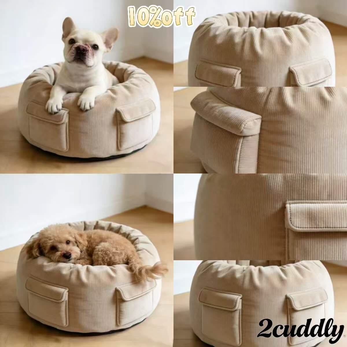 Vintage-Living Pet Bed for Dogs - Round, Beige Corduroy, Functional Pockets, Warm Texture