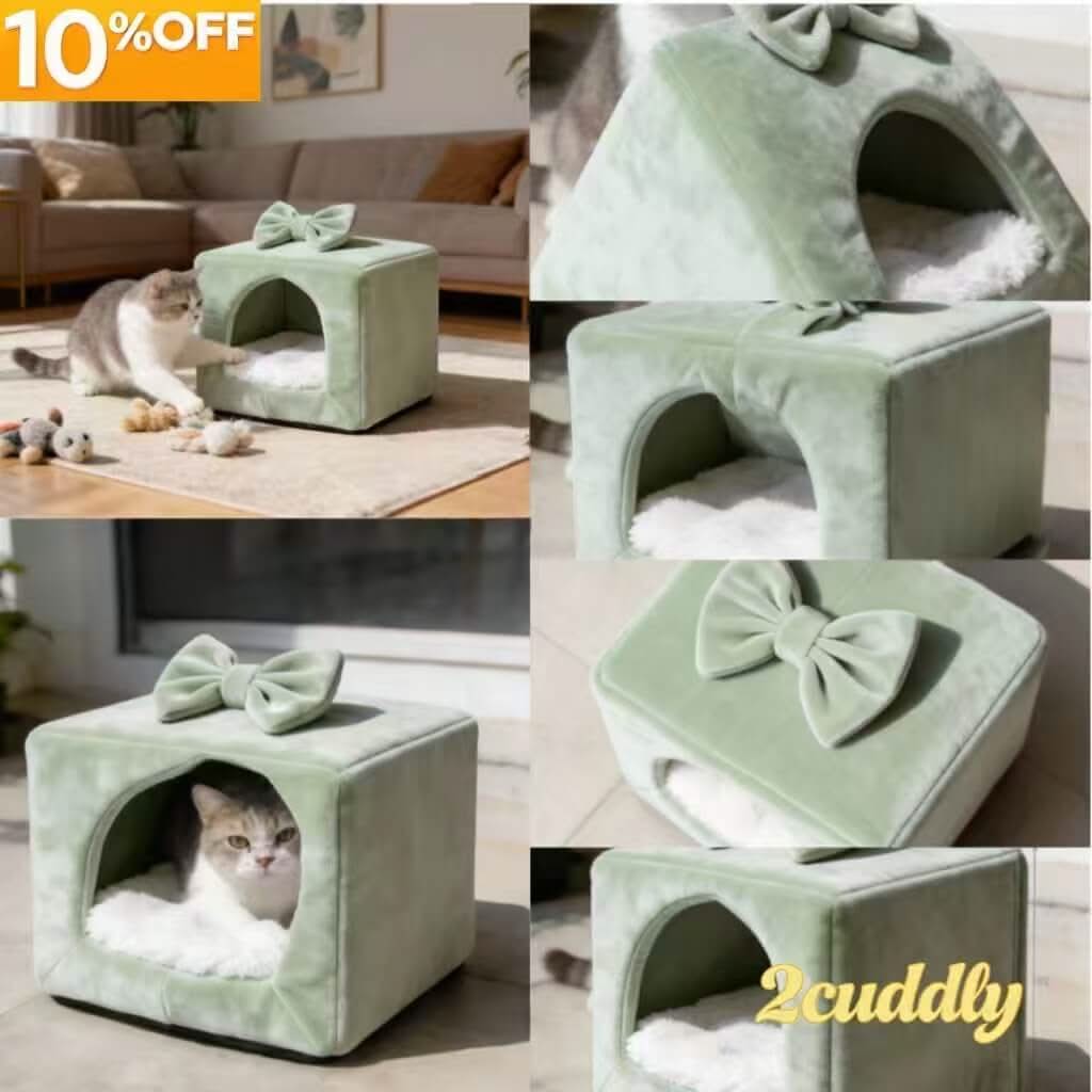 Bowknot Cube Cat Bed, Velvet Soft Cushion Light Green Indoor/Outdoor for Cats