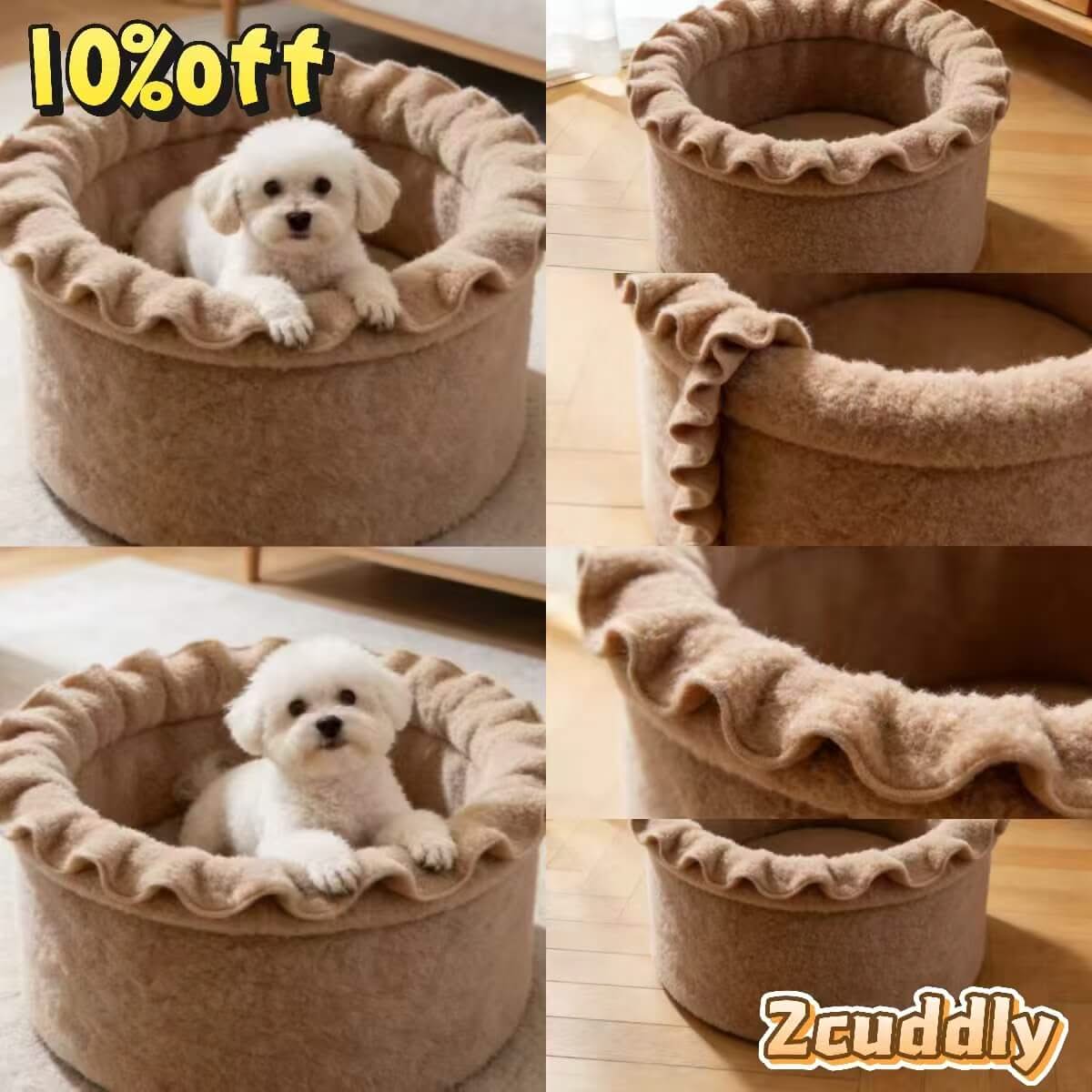 Elegant Cozy Ruffled Edge Dog Bed: Velvet Fabric, Warm Interior for Dogs