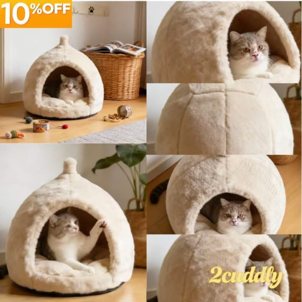 Furry Dome Pet Cave Bed for Cats - Cream, Pom-Pom Top, Plush, Cozy Hiding Spot, All-Season